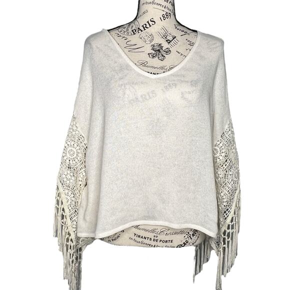 Hollister (OS) Cream Lace Tassel Fringe Sleeve Loose Fit Knit Poncho Top - Picture 1 of 12